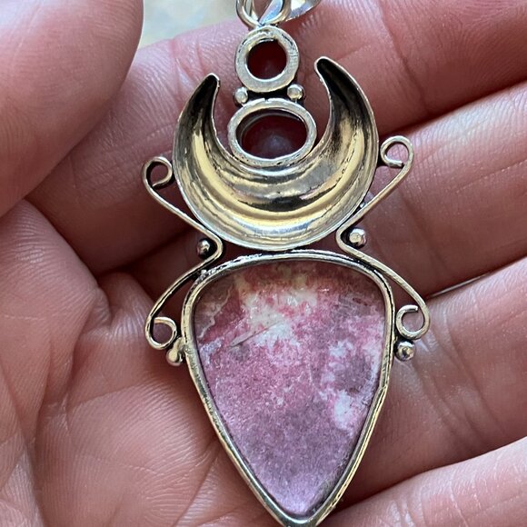 Thulite Rosaline and Garnet Witchy Mustic Lunar Crystal Stone Jewelry Pendant - Picture 7 of 7